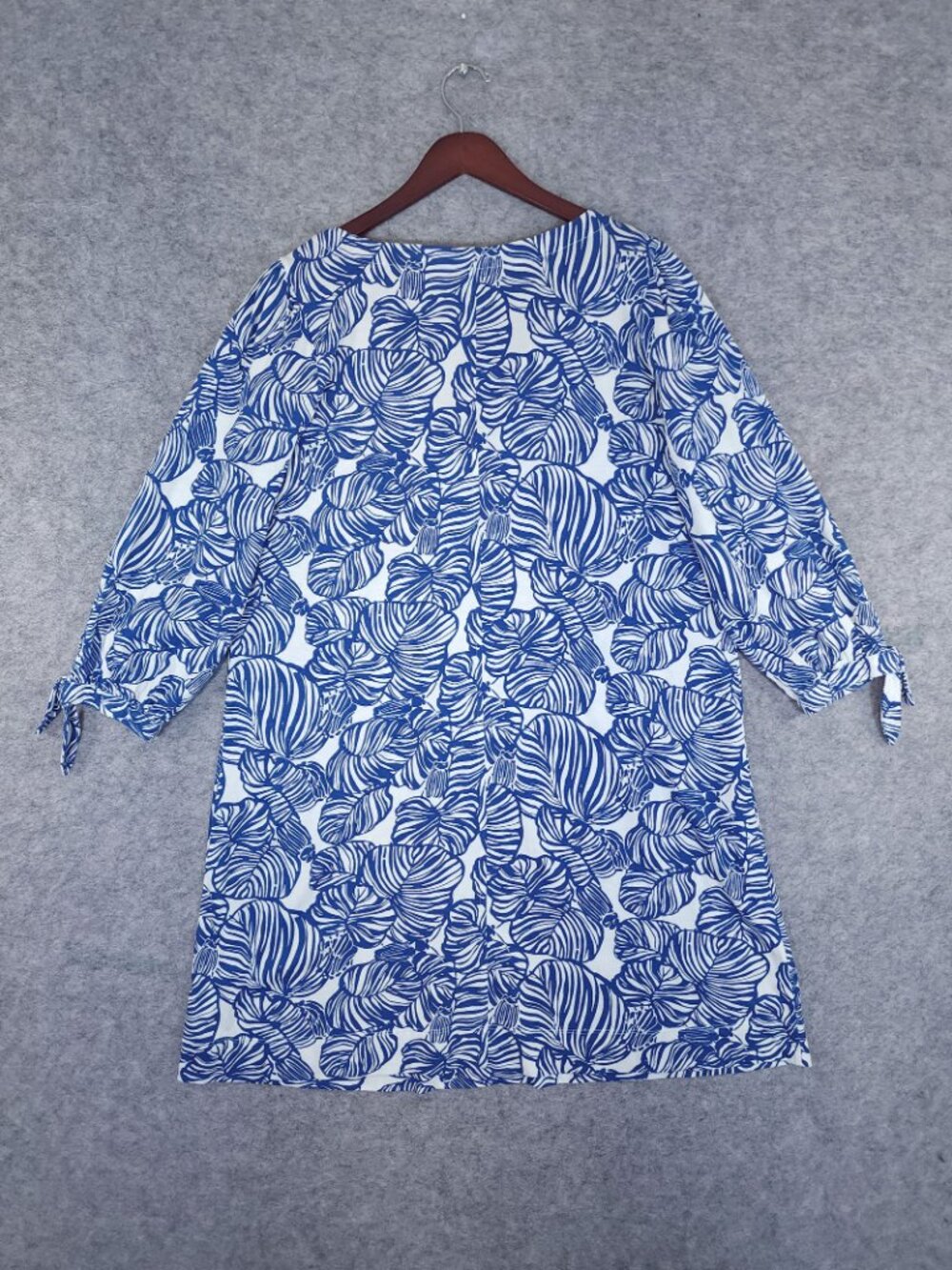 Lilly Pulitzer Cath Dress XXL Blue White Leaf Print Tie Sleeves Tropical Resort - Picture 6 of 12